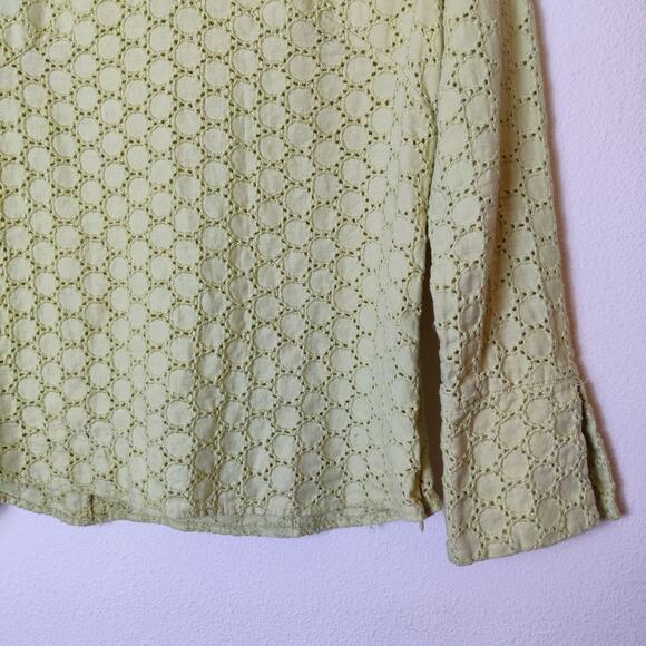 Vintage Carole Little Linen Eyelet Pistachio Green Long Sleeve Blouse Medium 90s - Picture 4 of 10